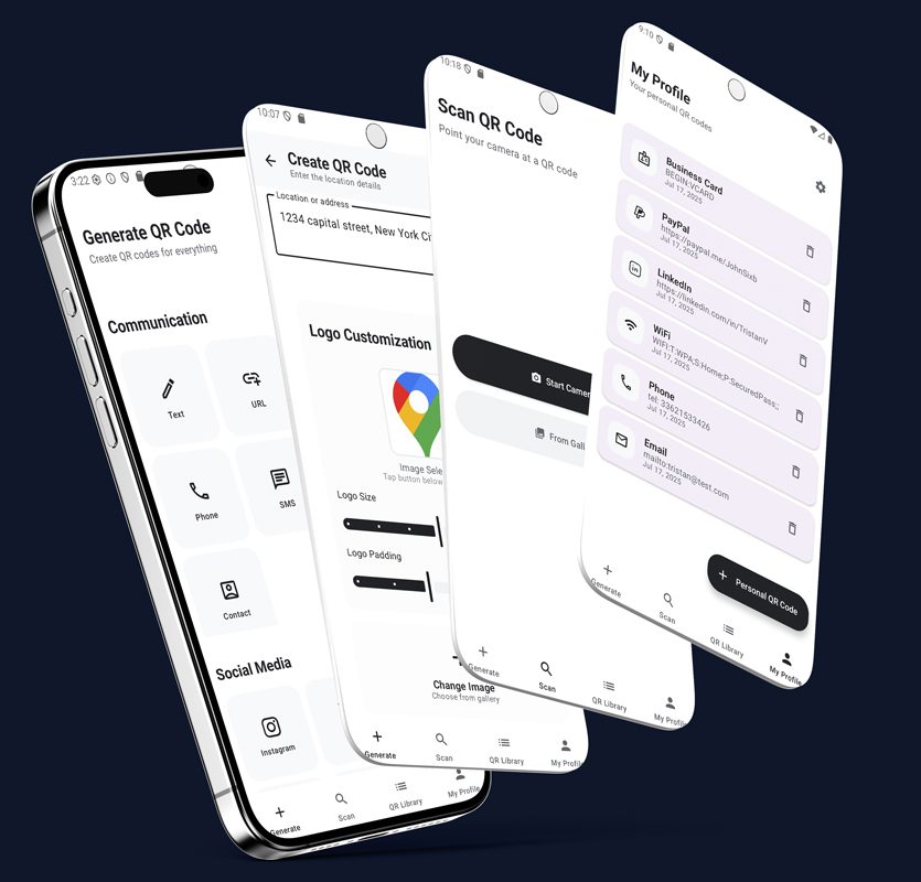 Mobile app screens for generating QR codes. Customize your QR code with various options.