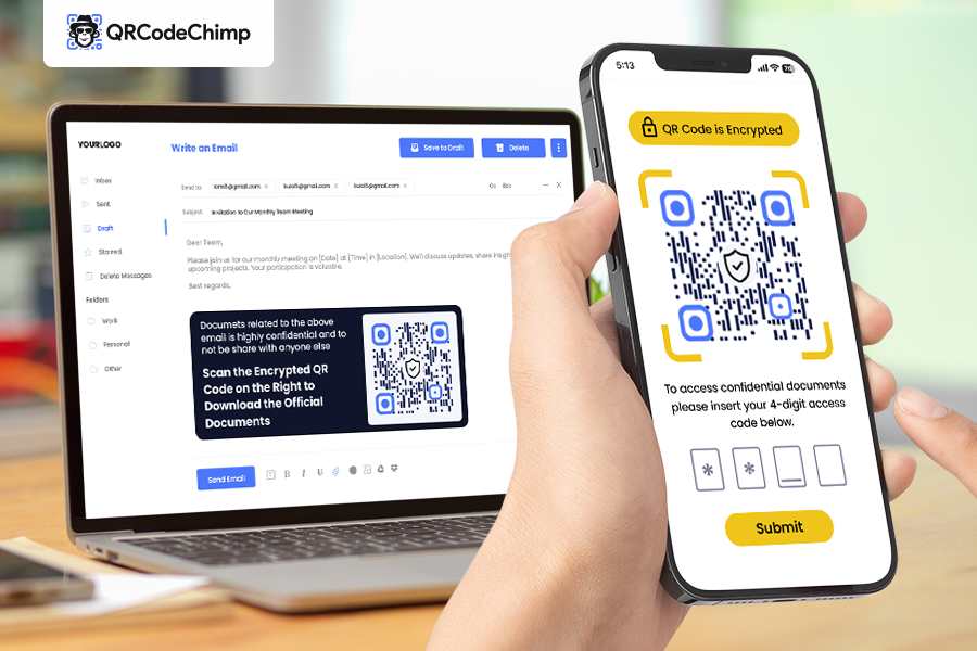 A smartphone displaying a QR code scanner app next to a laptop showing a QR code generation interface. The QR code scanner app is scanning a QR code.