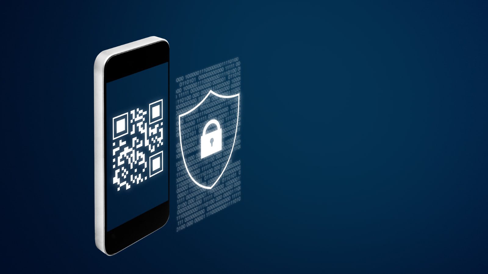 A mobile phone displaying a QR code next to a shield with a lock.