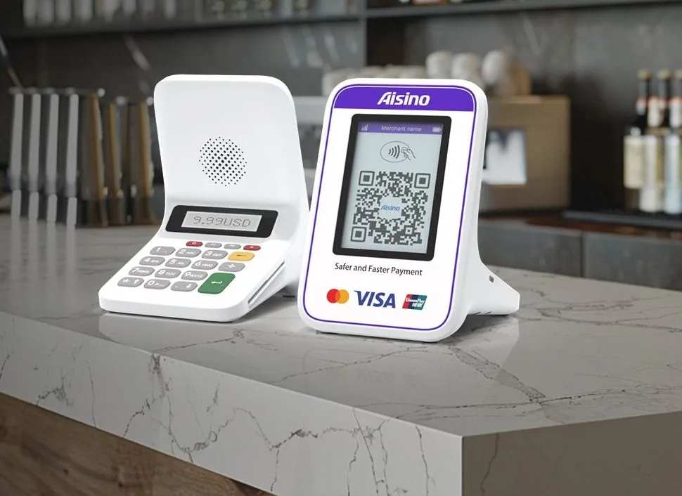 Payment terminal with QR code reader. Contactless payment options.
