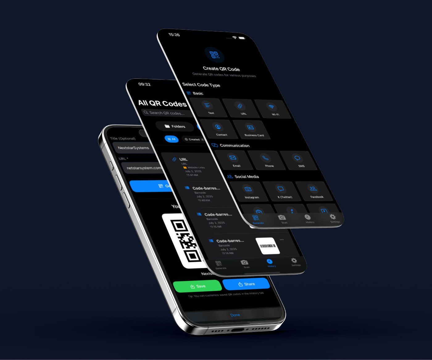 Three smartphones displaying app screens with various buttons and QR code