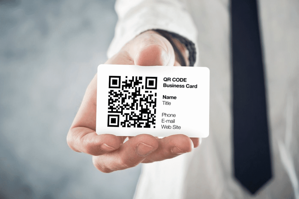 A hand holding a laptop with a QR code on the screen. The image is in black and white.