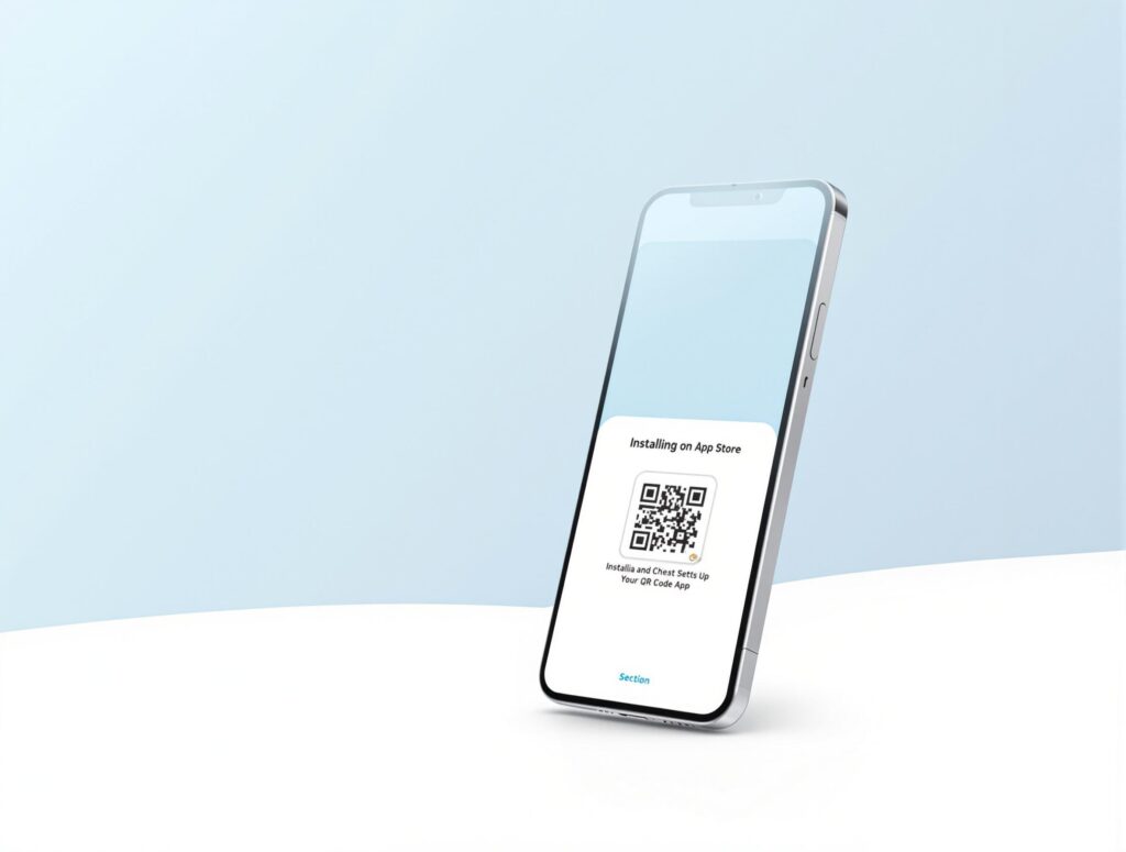 A smartphone with a QR code on its screen. The phone is standing on a white surface.
