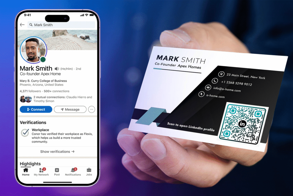 A business card and a mobile phone showing a digital business card profile on a dark background.