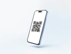 A smartphone displaying a QR code on its screen. The QR code is black and white.