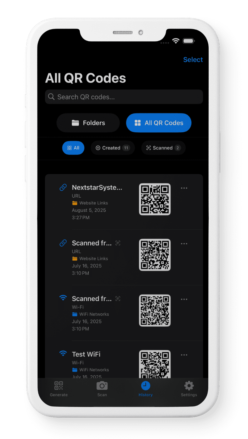 A smartphone screen displaying various QR codes