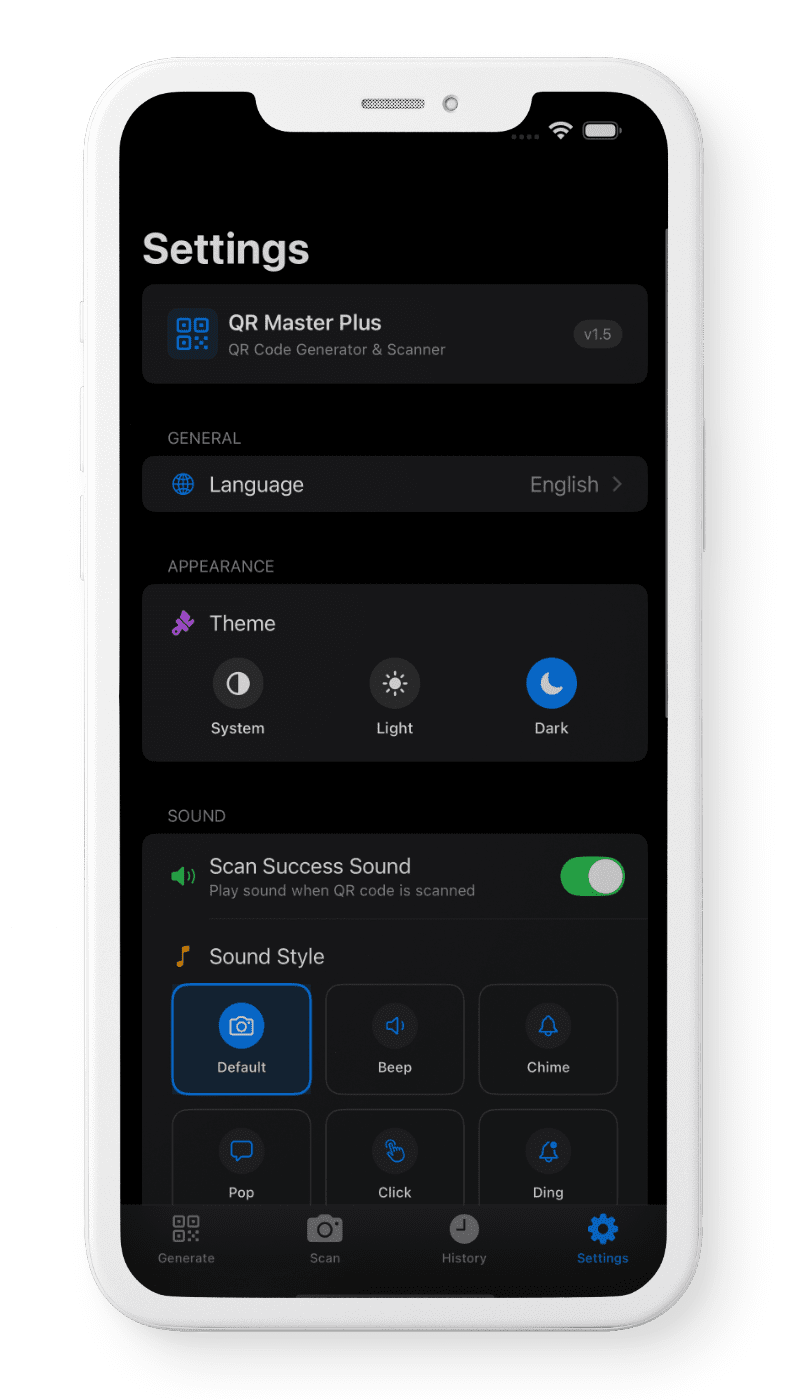 A smartphone screen showing various settings options. The screen is dark with light text.