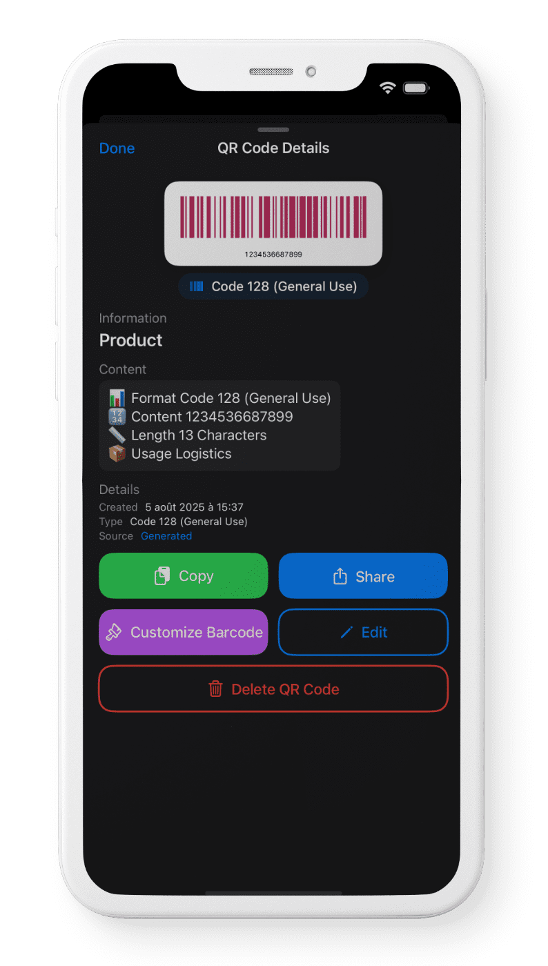 A smartphone screen displaying a barcode scanner interface with buttons and text fields. The screen is dark with light-colored text and graphics.