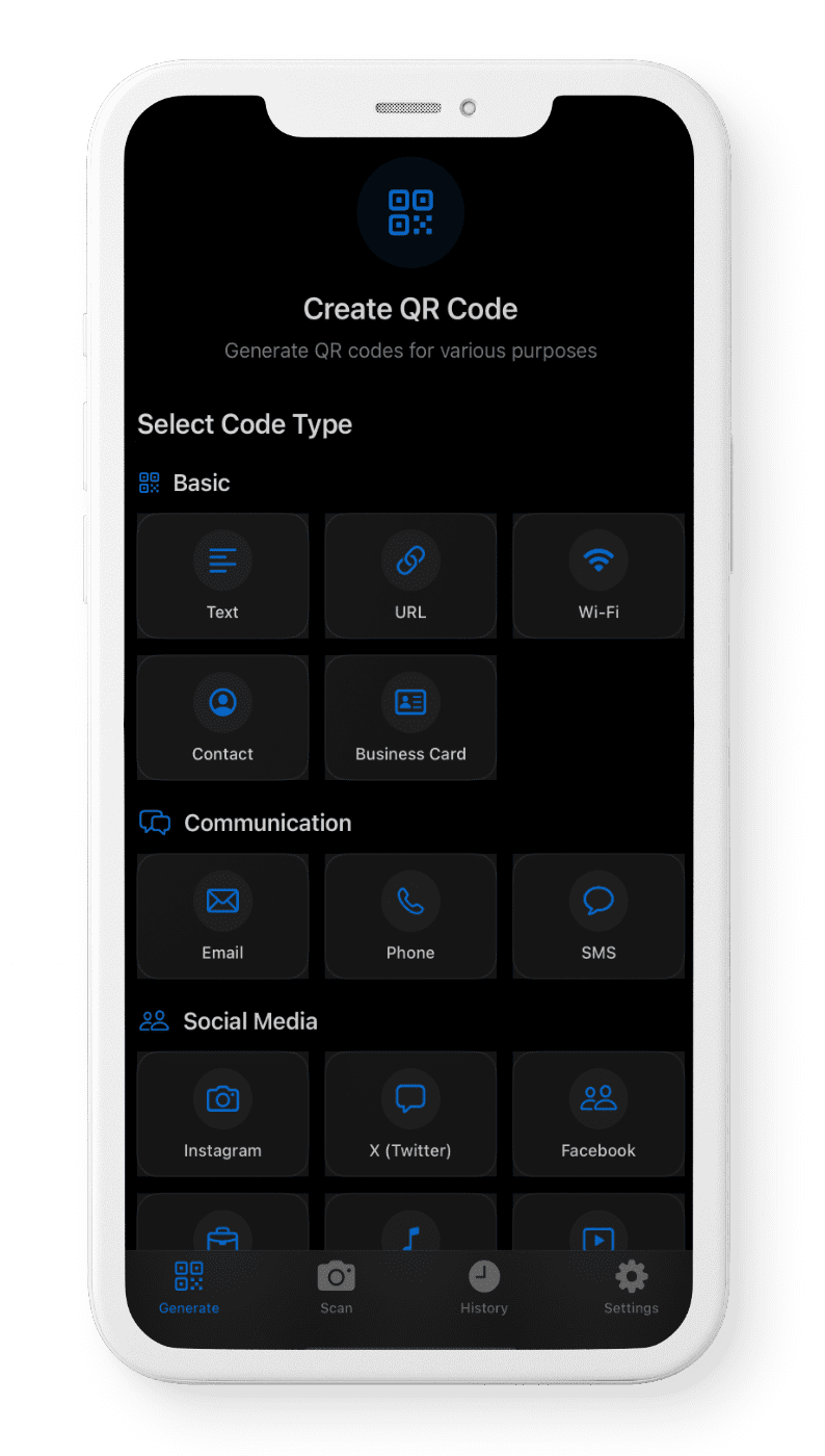 A smartphone screen displaying a QR code scanner app, with various options to select code type.