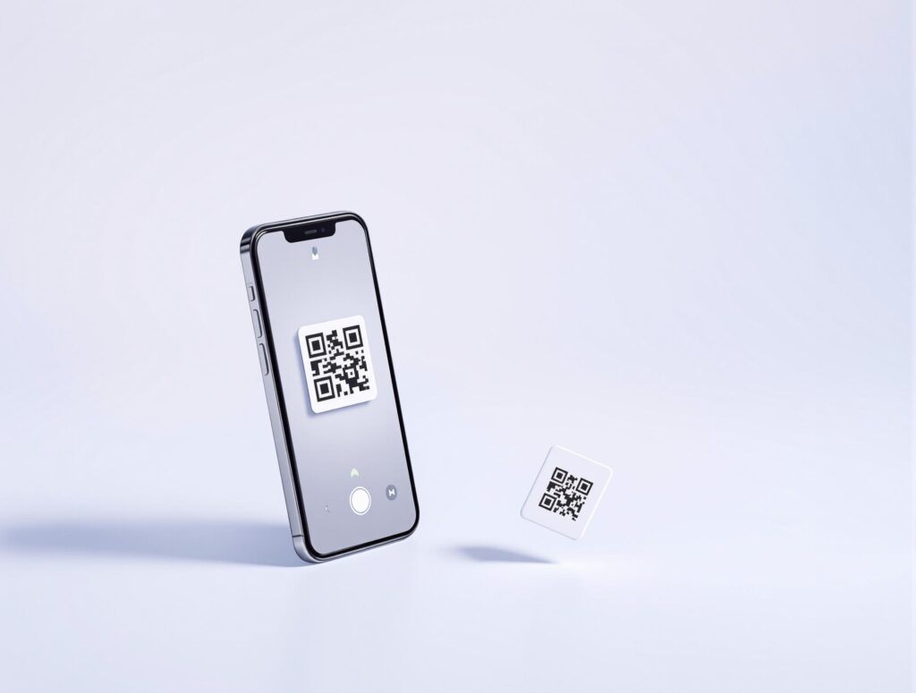 A smartphone displaying a QR code on its screen next to a small QR code on a white surface. The QR codes are black and white.
