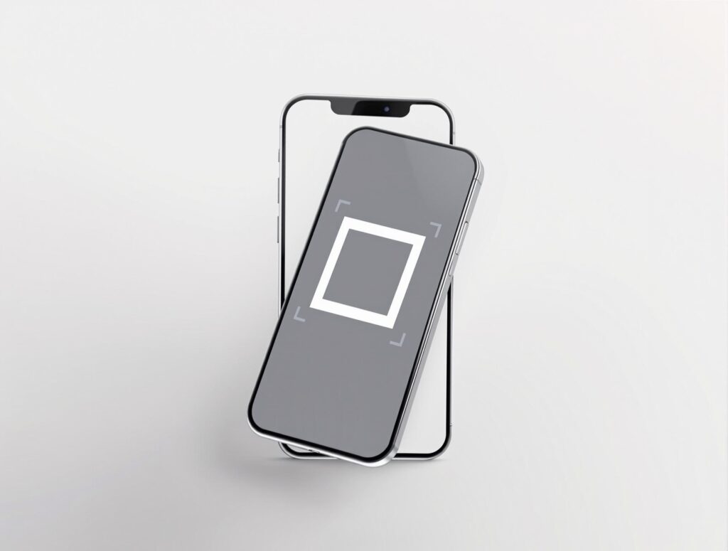A smartphone with a white square on its screen. The phone is propped up.