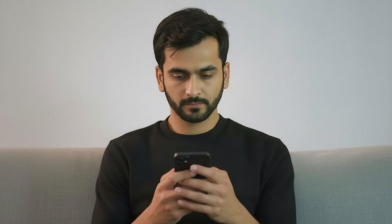 man in a black shirt focused on his phone