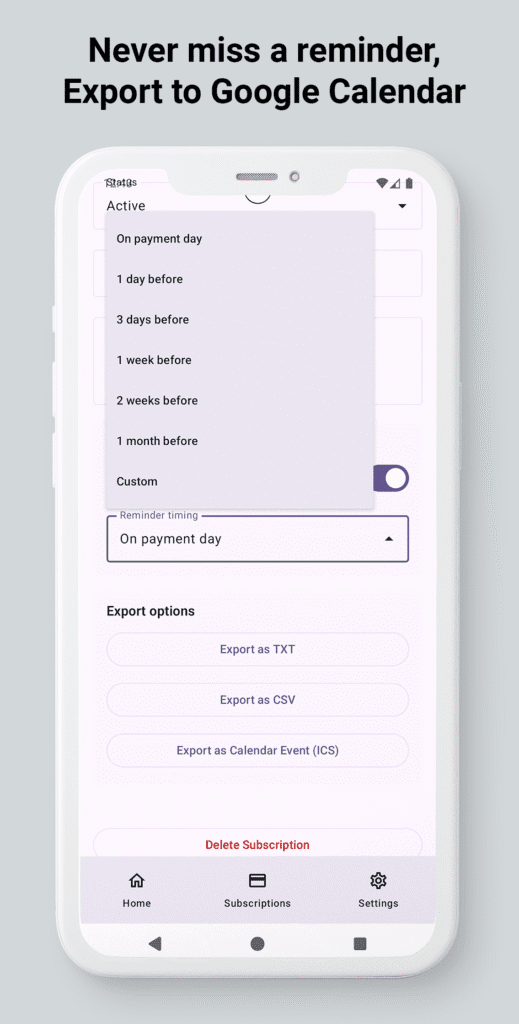 Smartphone screen showing export to Google Calendar option