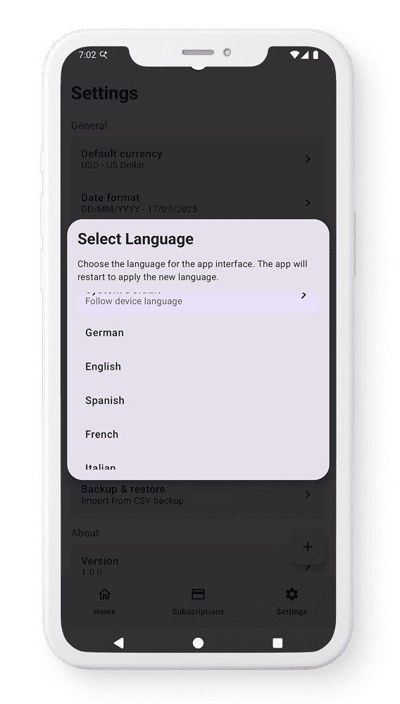A smartphone screen displaying the settings menu with various options.