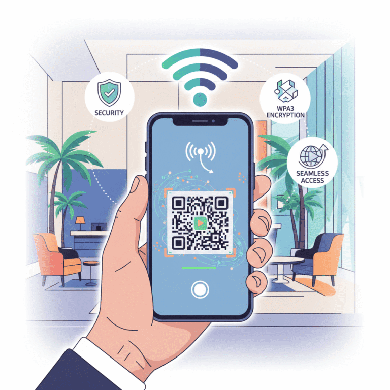 A hand holding a smartphone with various icons on the screen. The background appears to be a tropical setting.